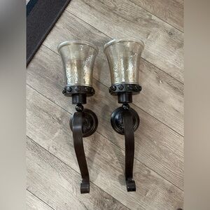Pair of Black Metal Wall Sconces with Mercury Glass Shades
